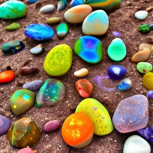 Prompt: There are many colorful glowing pebbles on the beach, the quiet sea, the light of small stars, the light of angels, the lighting effect, the night，HD