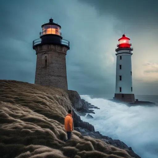 Prompt: a lone man standing at a lighthouse at dusk in stormy and windy weather