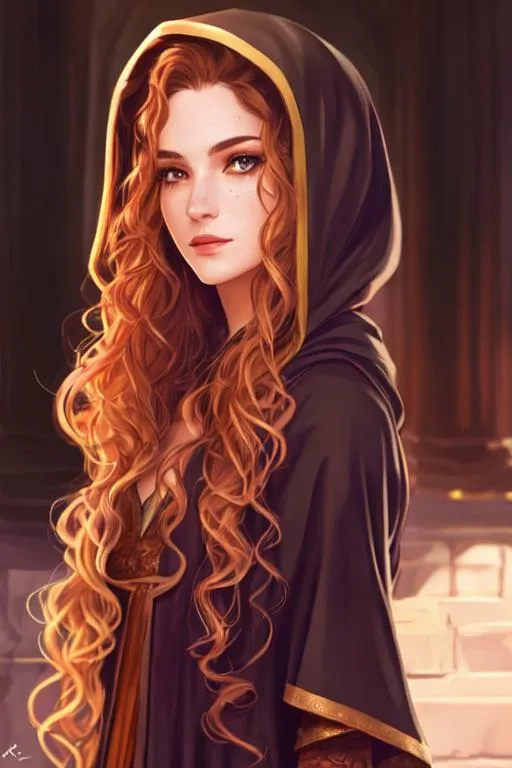 Prompt: dnd, portrait, long curly hair, female, Illustration, black hood and robes, scars, freckles