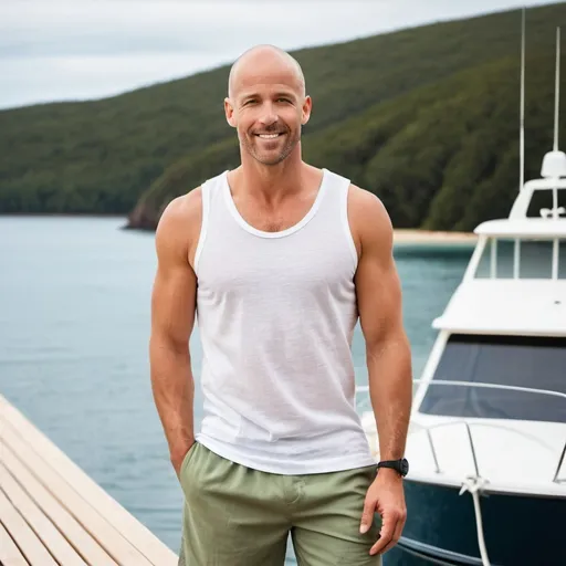 Prompt: Image of a 30 year old man who radiates charm and sophistication. He has a very light tan that sets off his bald, clean-shaven head, and his gray-green eyes are truly striking. He's dressed in a sleek white linen tank top paired with matching shorts, which gives off a pre-summer vibe that's both casual and stylish. Her feet are bare, reinforcing the relaxed vibe. He stands confidently and his face is detailed and expressive, reflecting a range of emotions that bring his character to life.