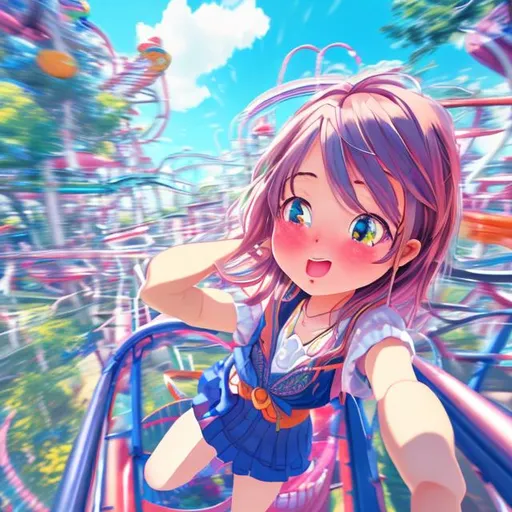 Prompt:  In this AI-generated artwork, envision an anime girl having the time of her life in a vibrant amusement park. Let the joy and excitement of the moment come to life as she explores the thrilling rides, plays games, and indulges in delicious treats.