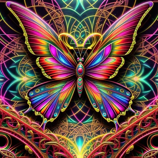 Prompt: High angle long shot, Celtic Frame, beautiful freeform colorful chaos epic bold, 3D, HD, ({liquid metal {fractal}butterfly} with {Pink Black Red Orange Yellow}ink), expansive psychedelic background intricate, symmetrical, golden ratio, hyper realistic, 64K, bokeh --s98500