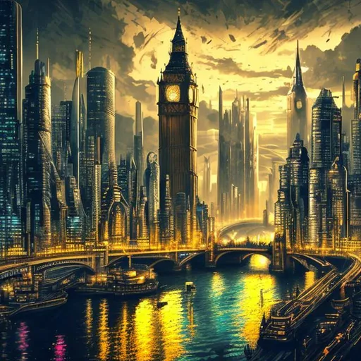 Prompt: futuristic cityscape, mega city, cyberpunk, London and New York, Big Ben, Tower Bridge, Thames River, ultrahigh detail, trending on artstation, black and yellow
