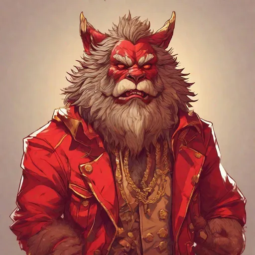 Prompt: Bugbear, Wearing Red Jacket, bright red with gold, masterpiece, best quality, in 2d illustration style