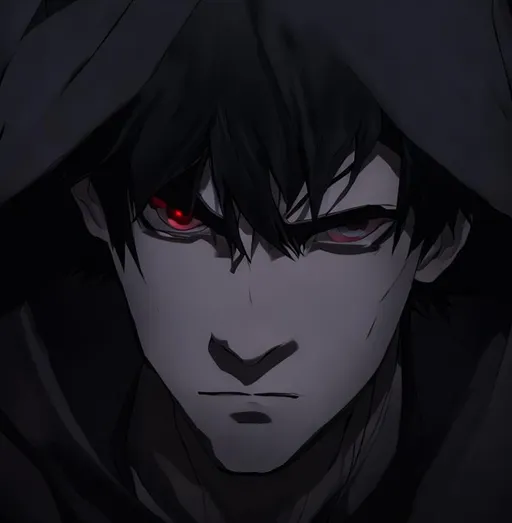 Prompt: dark mid journey anime man with sharingan eyes wearing a coton cab in a dark area
