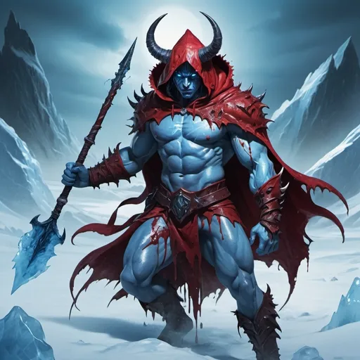 Prompt: Fantasy illustration of the male archdemon of pursuing and ice, dark and eerie, muscular body, icy blue skin-color, blue eyes, hooded coat, spear, glorifying pose, blood stained, in a nightmarish winter landscape, vibrant colors