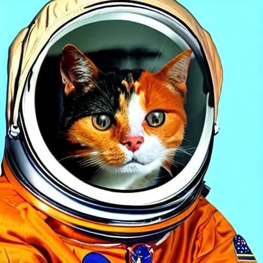 Prompt: A picture of a calico cat as a 1960s astronaut

 