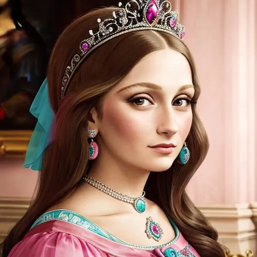 Prompt:  princess wearing pink, hair in an updo, tiara with a turquoise in the center,  mona lisa smile, facial closeup