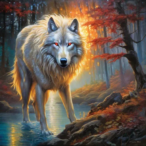 Prompt: Insanely beautiful (wolf), glowing, thick pearl-white fur, billowing wild golden mane, on two legs, translucent, luminescent, illusion, anime, glistening fiery mane, flaming red eyes, majestic wolf, in a magical forest near a lake, sunrise, beneath the stars, bioluminescent, professional oil painting, landscape masterpiece, enchanted woods, fantasy, magical waterfall, crystal lake, lakeside view, blue moon, navy night sky, surreal scenery, peaceful, beautiful, glowing fireflies, UHD, 64k, unreal engine, high octane render, high quality, best quality, professional, absurd resolution, vivid colors, neon colors, highly detailed, intricate detail, sharp focus, highres, best quality, concept art, epic digital art, intricately detailed, cinematic, vibrant, UHD, professional