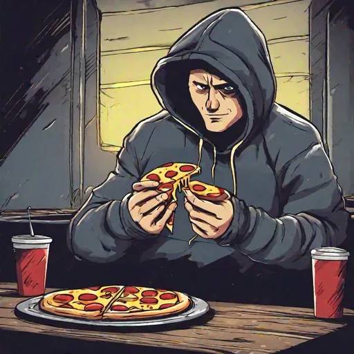 Prompt: cartoon man wearing hoodie eating pizza in dark place