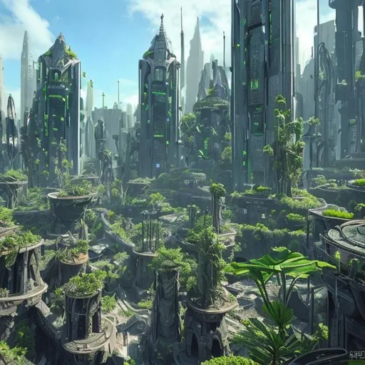 Prompt: Coruscant in futuristic Ireland with lot of plants 