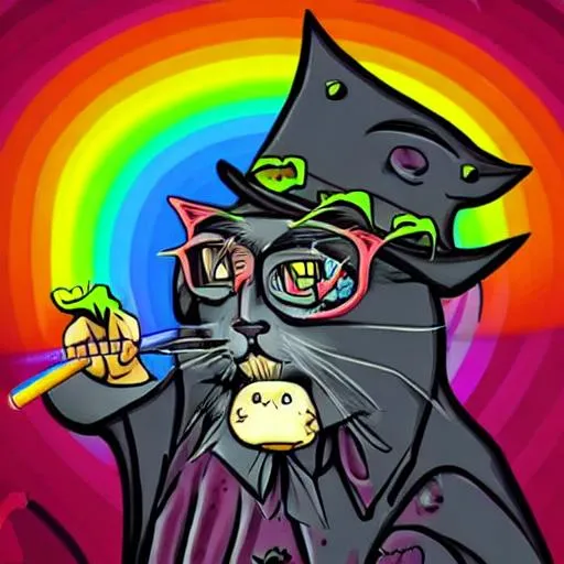 Prompt: Zombie wizard cat smoking a joint behind a rainbow unrealistic 80s 