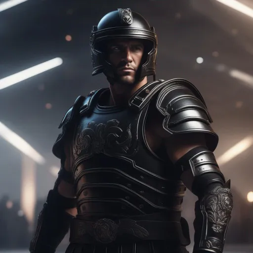 Prompt: A modern roman military male in black military roman armor, background sci fi war, Hyperrealistic, sharp focus, Professional, UHD, HDR, 8K, Render, electronic, dramatic, vivid, pressure, stress, nervous vibe, loud, tension, traumatic, dark, cataclysmic, violent, fighting, Epic