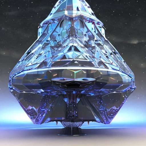 Prompt: Bio-Space ship of metallic flesh, crystal form, squid ship, symmetrical , in the style of startrek