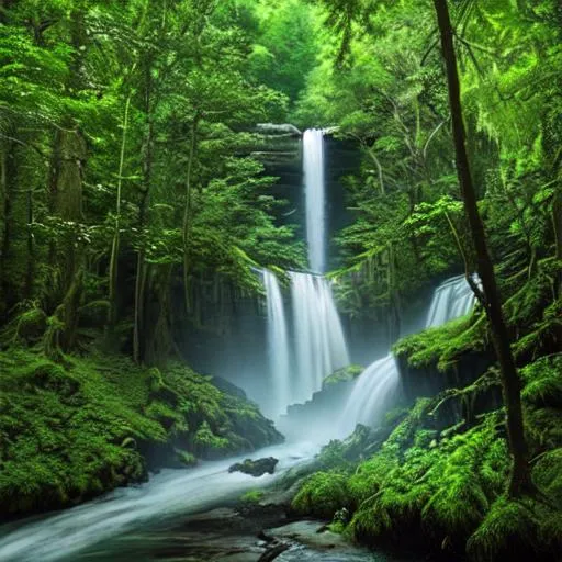 Prompt: Waterfalls in the hidden woods.