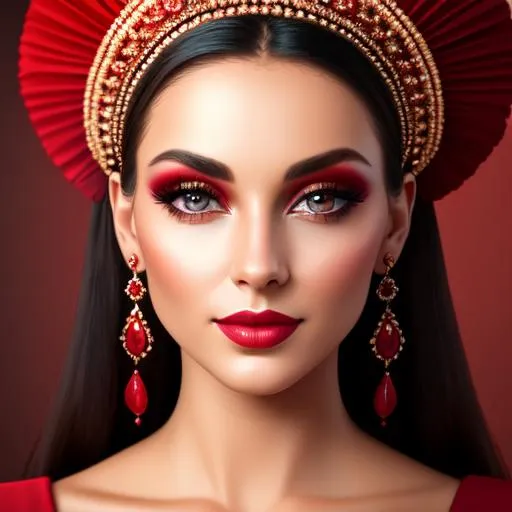 Prompt: Beautiful ethereal woman. color scheme of tuquoise and red. facial closeup