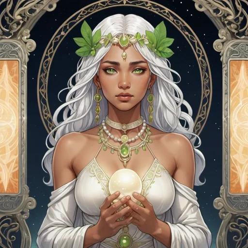 Prompt: tarot card anime illustration of an intuitive opalescent-haired bare chested Pacific Islander woman, dressed like a priestess in a pearl white costume, dramatic lighting, she is calm, tarot card style, detailed peridot eyes, professional, highres, ultra-detailed, inner voice, dramatic lighting, ornate robes, priestess, calm gaze, mystical color palette, ornate details, mystical atmosphere