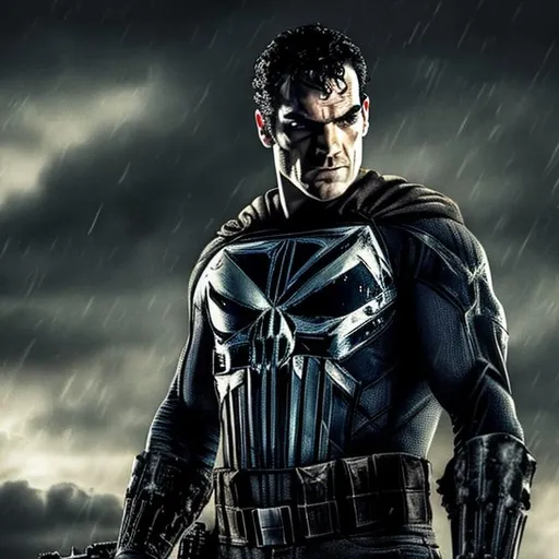 Prompt: Henry cavil as the punisher. UHD, 10K, extremely detailed, have him hold a m10 rifle in his left hand. Have rain in the backdrop.