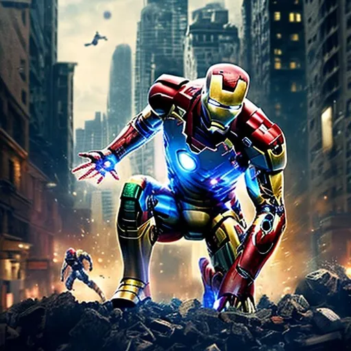 Prompt: a hero in iron man-like armor with blue black and gray jumping over a building in a city at night
