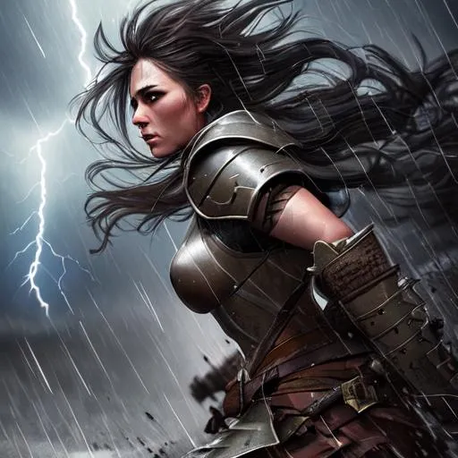 Prompt: A woman warrior on the battlefield, a thunderstorm, lightning, high wind, rain, hyperdetailed features, photorealistic, high quality, trending on artstation, intricately detailed, full length