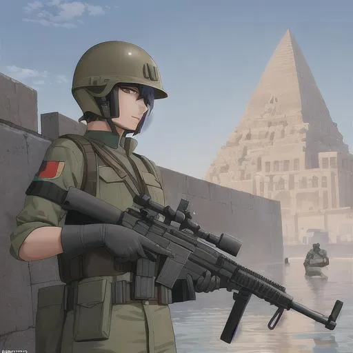 Prompt: Egyptian male soldier He wears a full helmet. He helds a rifle. In background ruins of a flooded City. Scifi soldiers. RPG art. Fading suns art. Scifi art. american soldier. american WWI helmet. anime art. studio trigger art.2d. 2d art.