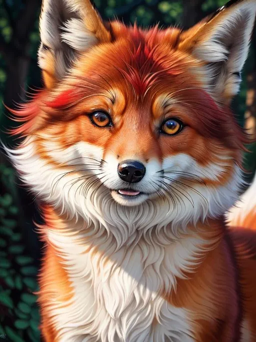 Prompt: add plants, (8k, masterpiece, oil painting, professional, UHD character, UHD background) Portrait of Vixey, Fox and Hound, close up, mid close up, brilliant glistening red fur, brilliant amber eyes, big sharp 8k eyes, sweetly peacefully smiling, detailed smiling face, (extremely beautiful), (open mouth, uv face, uwu face),  alert, curious, surprised, cute fangs, extremely detailed eyes and face, enchanted snowy garden, vibrant flowers, vivid colors, lively colors, vibrant, high saturation colors, flower wreath, detailed smiling face, highly detailed fur, highly detailed eyes, highly detailed defined face, highly detailed defined furry legs, highly detailed background, full body focus, UHD, HDR, highly detailed, golden ratio, perfect composition, symmetric, 64k, Kentaro Miura, Yuino Chiri, intricate detail, intricately detailed face, intricate facial detail, highly detailed fur, intricately detailed mouth