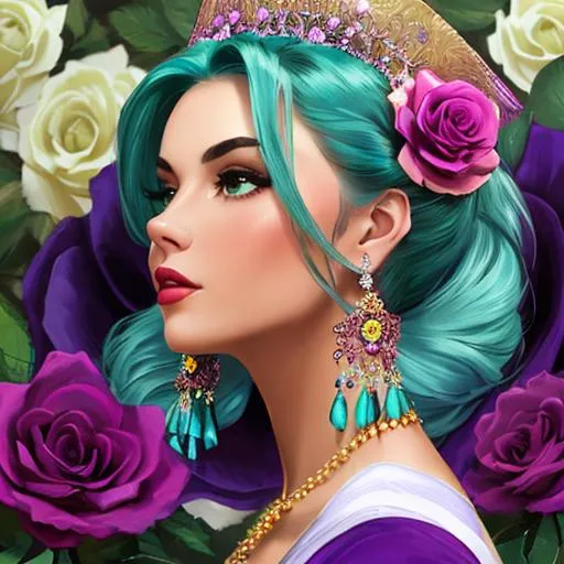 Prompt: woman with turquoise jewels in her hair and purple roses