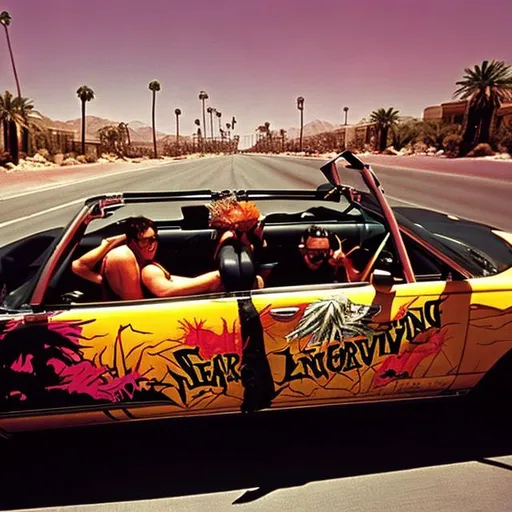 Prompt: Fear and loathing Las Vegas bats convertible