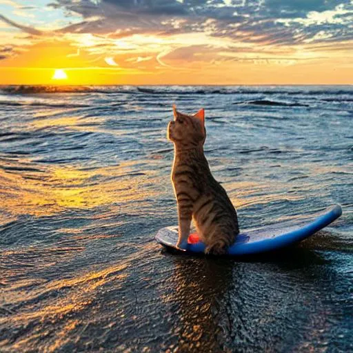 Prompt: a Cartoon Cat surfing a wave as the sunsets crest behind him