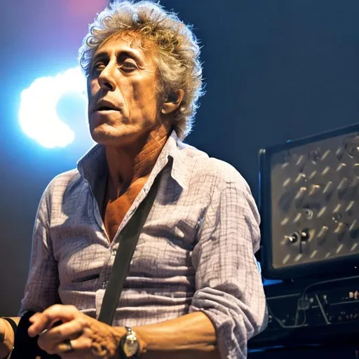 Prompt: Roger daltrey standing on an amplifier

