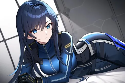 Prompt: masterpiece, best quality, 8k, sci-fi, invade space ship captain's room, sharp blue eyes, girl, she is agent , long hair, black and blue highlight hair, stealth suit, long pants, cute look, black gloves, 