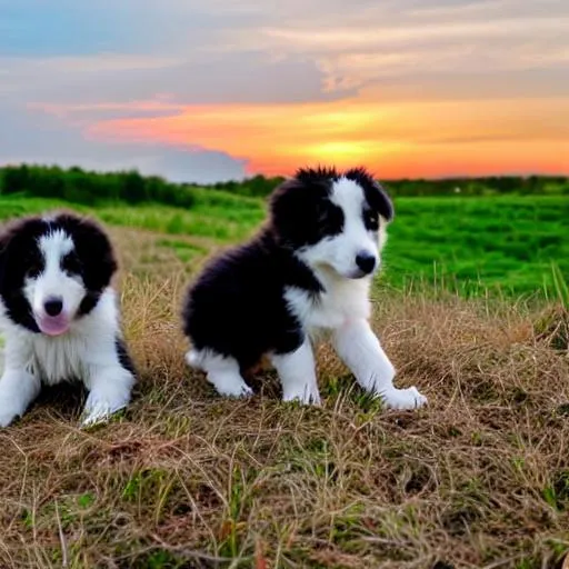 Prompt: pretty border collie puppies with a sunset
