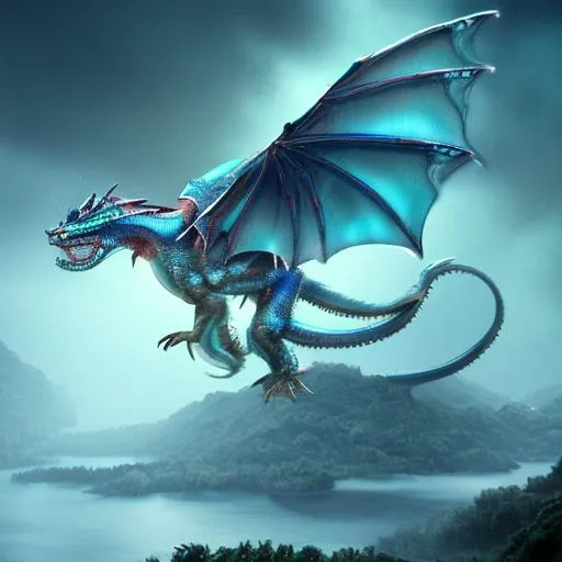 Prompt: flying water dragon, blue armor scales, mysterious fog lake background, hyper realistic, full body, chinese style, dragon head full of blue crystal scales and sharp horns, glowing yellow eyes