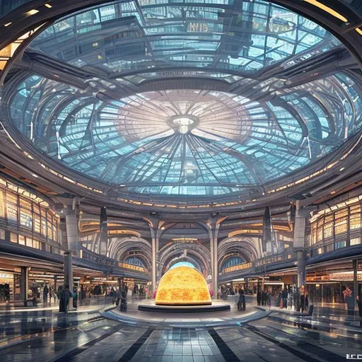 Prompt: futuristic busy enormous domed city, tourist shopping plaza, transit arrivals, rainbow starburst glass roof, art nouveau, realistic details, photorealistic, 8k render, cinematic lighting, ultra detailed