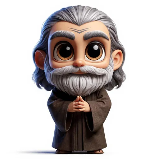 Prompt: A whimsical, animated figure stands prominently against a stark white background, exuding an aura of wisdom and tranquility. The character has large, expressive eyes and a kind smile, framed by long, flowing gray hair and a well-groomed beard, which contrast beautifully with the warm tones of his skin. Dressed in a simple, brown robe that drapes gently around his form, he stands with his hands clasped in front of him, suggesting a moment of contemplation or prayer. The overall style is playful and charming, reminiscent of modern animation, with rounded features and a soft color palette that enhances the inviting mood of the scene. This portrayal echoes themes of wisdom and humility, inviting viewers to reflect on deeper truths.