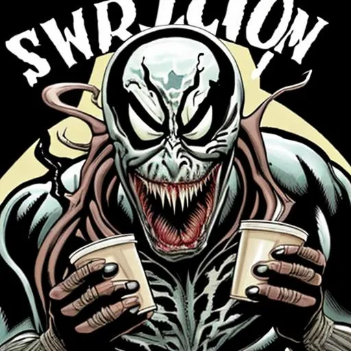 Prompt: Scary venom drinking coffee