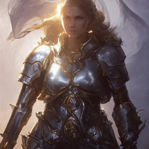 Prompt: a portrait of a female paladin, with full body armor and sword, holy light ambient, d & d fantasy, ambient lightning, highly detailed, white and gold scheme, art by artgem and greg rutkowski