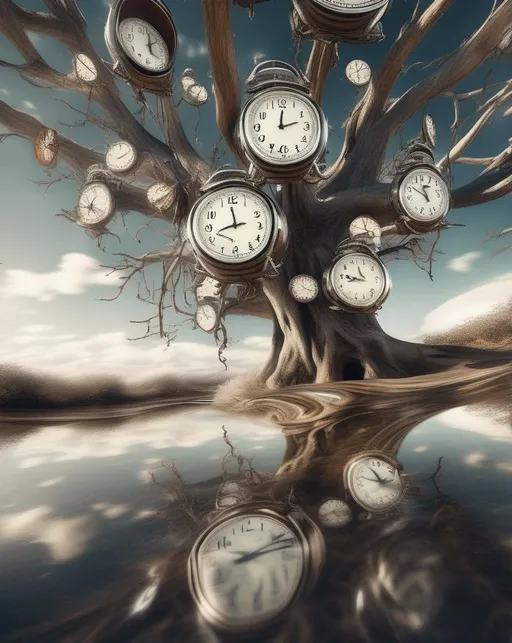 Prompt: A surreal scene featuring melting clocks draped over tree branches, surrounded by floating abstract elements in a dreamlike landscape. Shot with a wide-angle lens to capture the vastness of the surreal world.