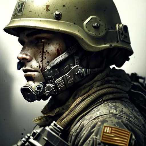 Prompt: highly detailed, close-up photography of a male face, us army, helmet on, blood on face, tired out soldier in the midst of a gun shoot out in desolate dystopian world