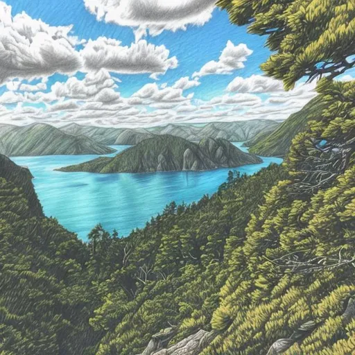 Prompt: Looking from the top of a mountain overlooking an island colored pencil