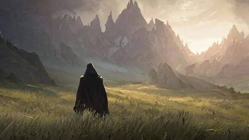 Prompt: fantasy concept art by greg rutkowski, hooded figure in the  foreground looks out over meadow with jagged mountains in the background, luminous  crescent fills the sky, endor, rock outcroppings,  gestural oil painting style, backlit, cinematographic morning light, artstation hq, 