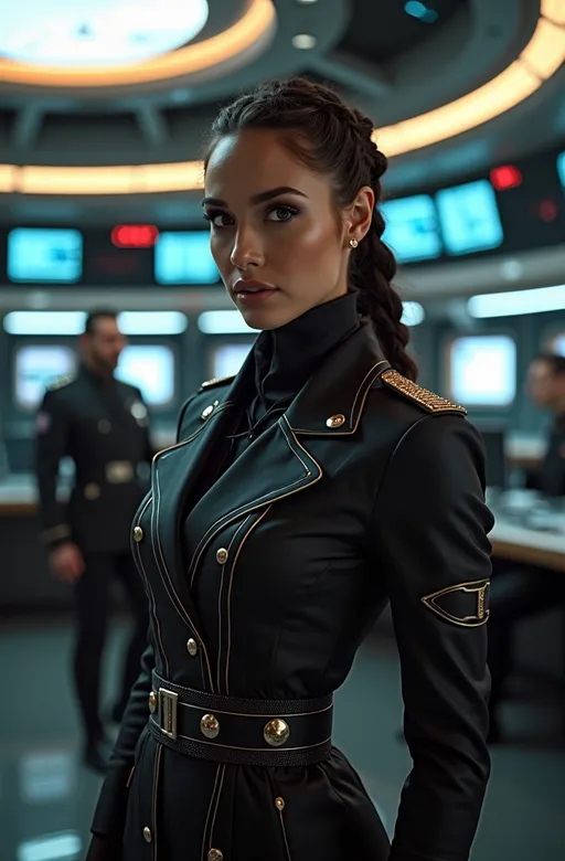 Prompt: photorealistic (beautiful) woman in a (Star Wars style detailed ceremonial high-ranking military suit), (buttoned coat), (futuristic leather boots), a (gorgeous face) showcasing (detailed features) with (braided hair), in an (elegant pose), emanating (imposing) presence with a (radiant charm), surrounded by (lighted displays and monitors), set against a (sci-fi starship bridge) crowded with (uniformed personnel), ultra-detailed, high-quality, 8k, cinematic photo.
