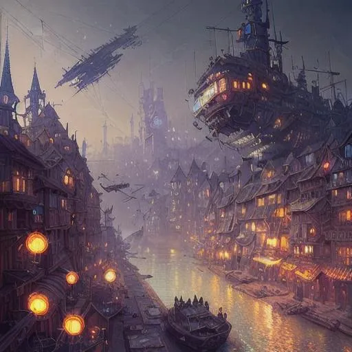 Prompt: "A steampunk/cyberpunk medieval village city, steampunk boats and airships, cyberpunk trains, cobblestone roads, steampunk houses, detailed Sheen Holographic Futuristic, (neotokyo), synthwave, (aesthetics), futuristic by ismail inceoglu dragan bibin hans thoma greg rutkowski Alexandros Pyromallis Nekro Rene Margitte illustrated Perfect face, fine details, realistic shaded, sharp chine"


