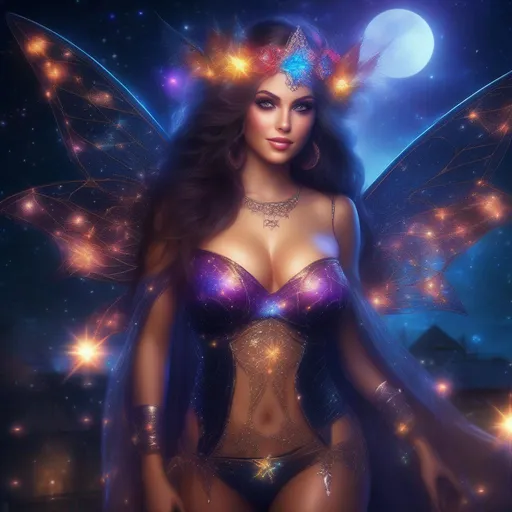 Prompt: An incredible, full body image of a stunningly beautiful, hyper realistic, buxom woman with bright eyes wearing a sparkly, glowing, skimpy, sheer, fairy, witches outfit on a breathtaking night with stars and colors with glowing, detailed sprites flying about