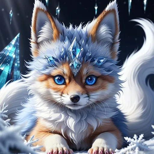 Prompt: (masterpiece, professional oil painting, epic digital art, best quality:1.5), insanely beautiful tiny ((fox kit)), (canine quadruped), ice elemental, silky silver-blue fur covered in frost, timid, ((insanely detailed alert crystal blue eyes, sharp focus eyes)), gorgeous 8k eyes, fluffy silver neck ruff covered in frost, two tails, (plump), fluffy chest, enchanted, magical, finely detailed fur, hyper detailed fur, (soft silky insanely detailed fur), presenting magical jewel, moonlight beaming through clouds, lying in frosted meadow, grassy field covered in frost, cool colors, professional, symmetric, golden ratio, unreal engine, depth, volumetric lighting, rich oil medium, (brilliant auroras), (ice storm), full body focus, beautifully detailed background, cinematic, 64K, UHD, intricate detail, high quality, high detail, masterpiece, intricate facial detail, high quality, detailed face, intricate quality, intricate eye detail, highly detailed, high resolution scan, intricate detailed, highly detailed face, very detailed, high resolution