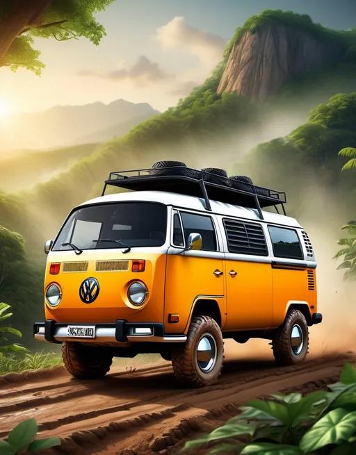 Prompt: (illustrative image of a Volkswagen Bus), robust offroad vehicle, spacious interior for eight, rugged exterior with Lamborghini Aventador -inspired elements, dynamic pose highlighting versatility, tires muddy from offroading, background featuring rugged terrain with lush greenery, warm sunlight illuminating the scene, adventurous atmosphere, high detail, ultra-detailed, HD, captivating composition emphasizing strength and capability.