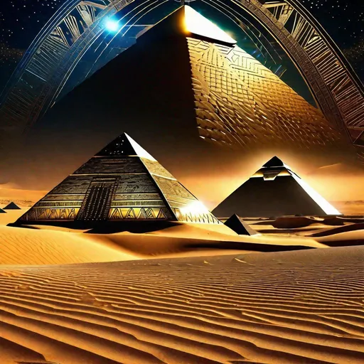 Prompt: Create a captivating image that reimagines the Great Pyramids as awe-inspiring futuristic structures on an extraterrestrial landscape. Rising from an alien desert, the Pyramids gleam with a metallic sheen, reflecting the light of distant stars. The triangular forms are enhanced with intricate circuitry patterns that pulse with energy, suggesting a fusion of ancient mystique and advanced technology. The desert expanse around them is dotted with dazzling flora, casting an otherworldly glow. Hovering spacecraft, reminiscent of both ancient symbolism and advanced engineering, circle the Pyramids, hinting at an interstellar civilization. The sky above showcases unfamiliar constellations, reminding viewers that this scene is not on Earth. The blend of the familiar and the unknown captures the essence of a sci-fi journey through time and space. Ensure the best resolution and the highest quality of the image.