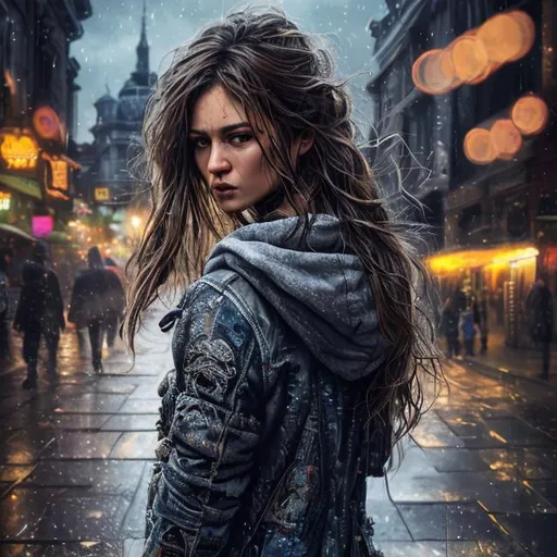 Prompt: highly detailed woman walk in town, highly detailed face, 64K, UHD, HDR, hyper realistic, 24mm, soft lighting, nikon z fx device, woman wearing random clothes, long shot type, city lights context, highly detailed clothes, highly detailed face, highly detailed eyes, long hair, epic composition, high resolution scan, absolutely real, epic proportion, 3D illustration, unreal engine.