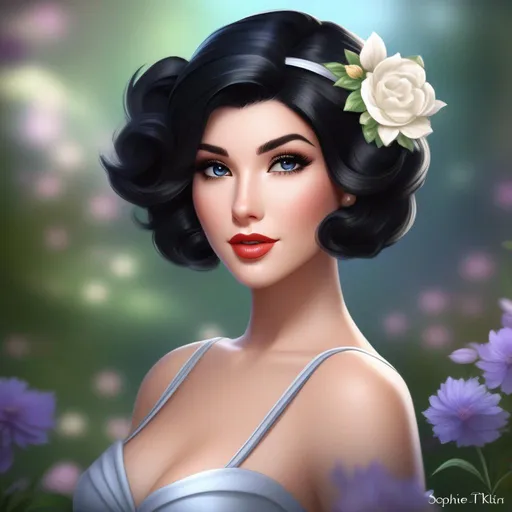 Prompt: there is a woman with a flower in her hair, dark pin-up style hair, jen atkin, pretty aquiline nose, from guild wars, 50s, cute, inspired by Sophie Pemberton, pixie, black short hair, incredibly ethereal, app icon, emote, beautiful avatar pictures, havanese dog, realistic | detailed face