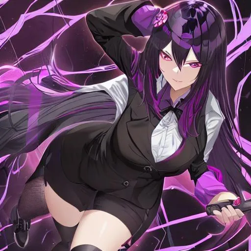 Prompt: black violet haired evil girl